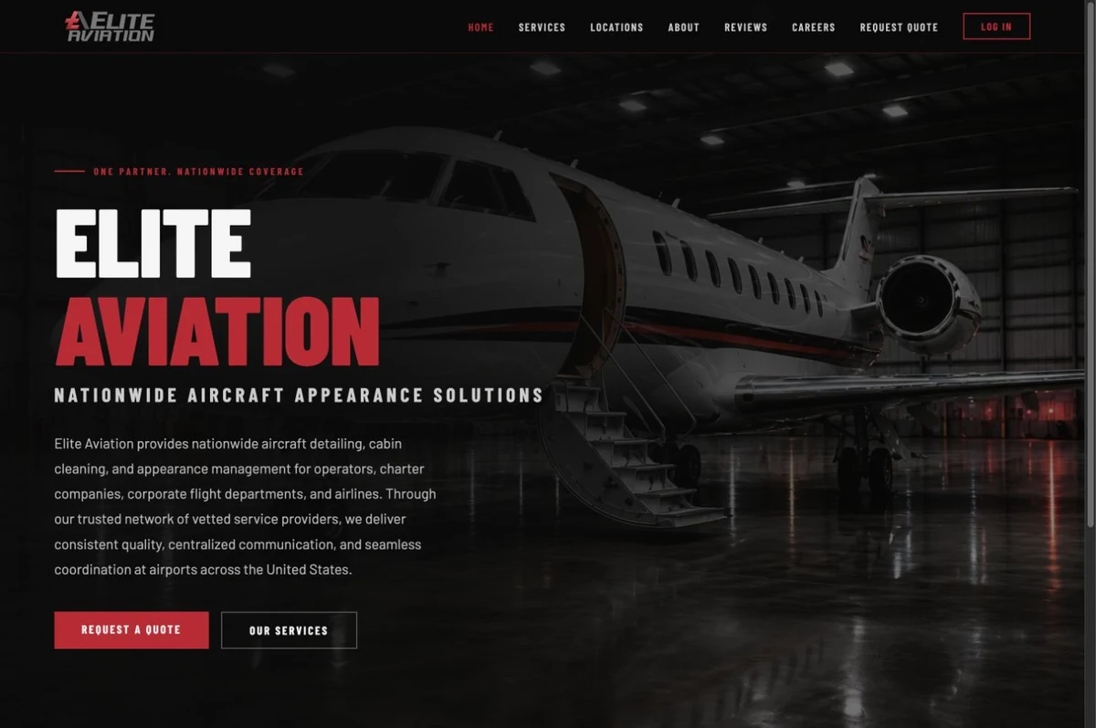 Elite Aviation aircraft detailing website homepage