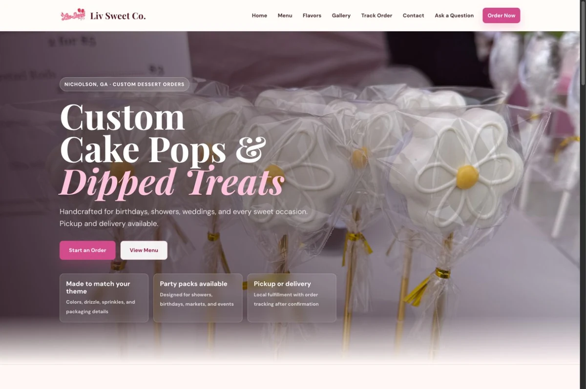 Liv Sweet Co homepage with custom cake pops and dipped treats