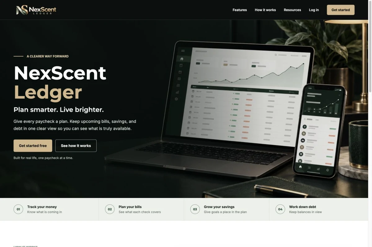 NexScent Ledger public homepage with its paycheck planning presentation