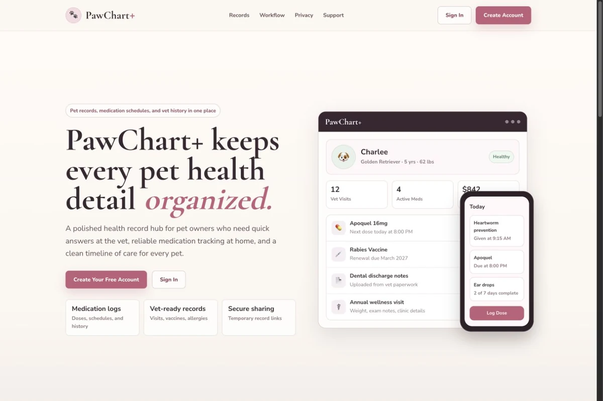 PawChart+ public homepage and pet care app illustration