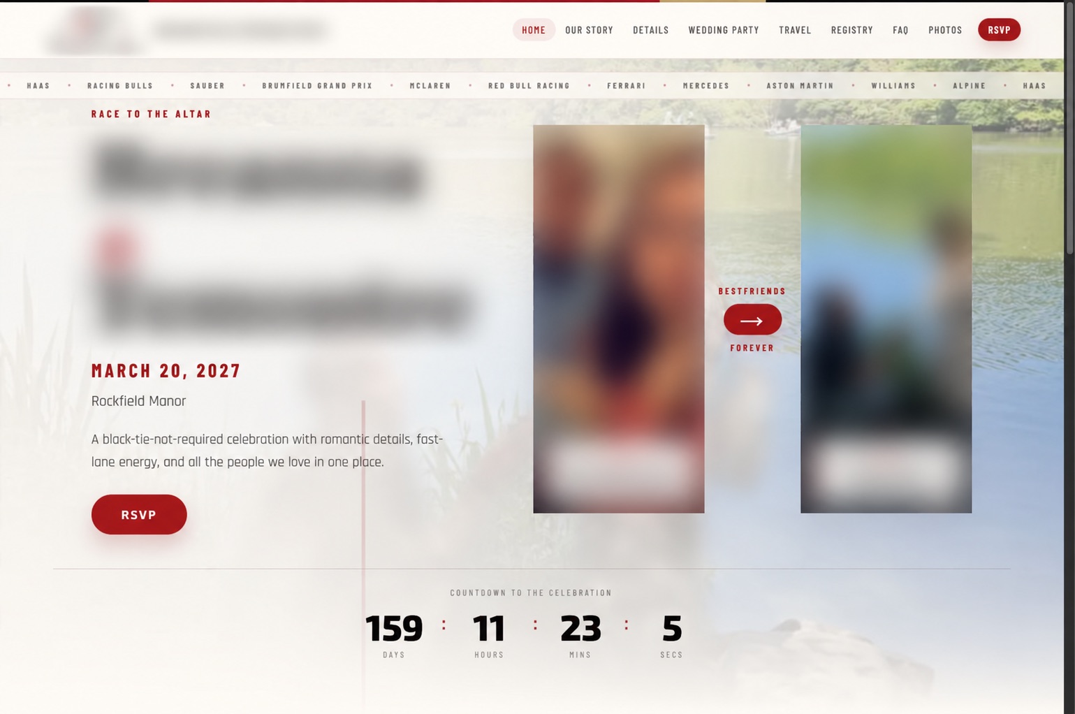 Wedding website example with names and personal photos blurred